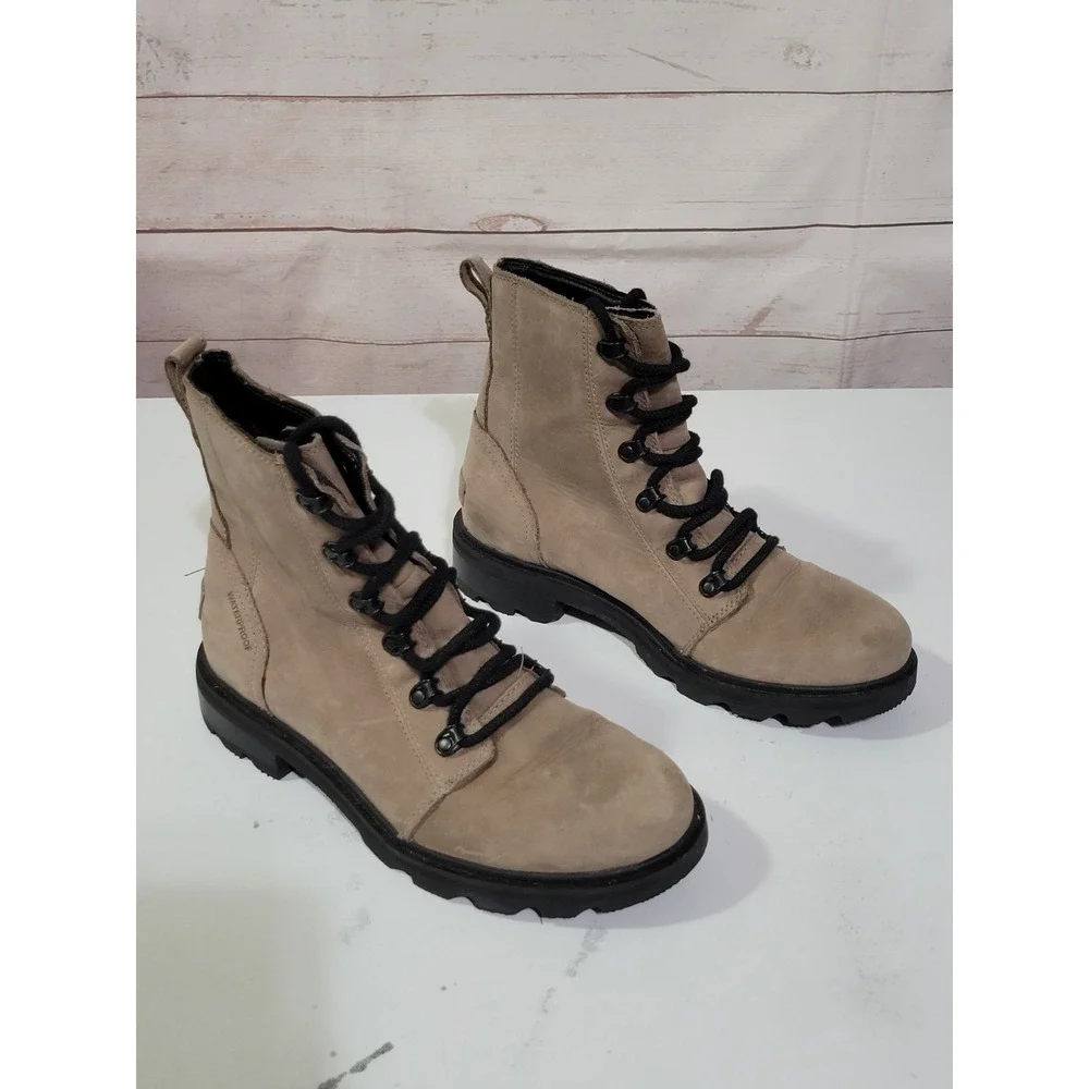 Sorel Lennox Lace Up Boots Womens 9 Tan Black Leather Waterproof Outdoor